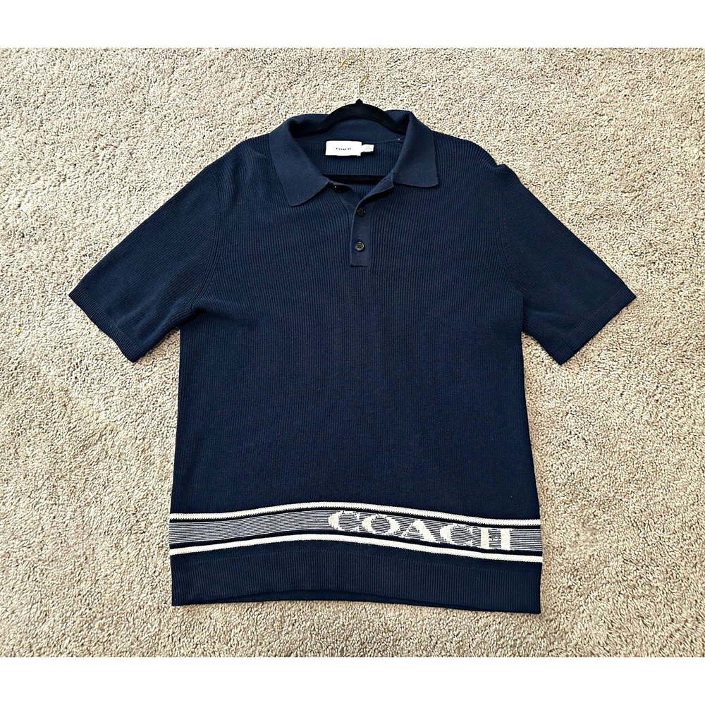 Coach Navy Knit Polo Shirt Logo Stripe Hem Short Sleeve Mens S C00835